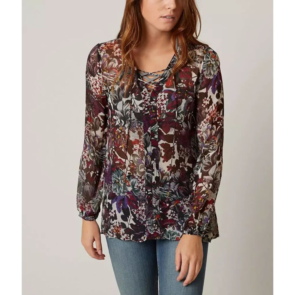 Lucky Brand Floral Sheer Blouse Boho Peasant Top Tie Neck Size M